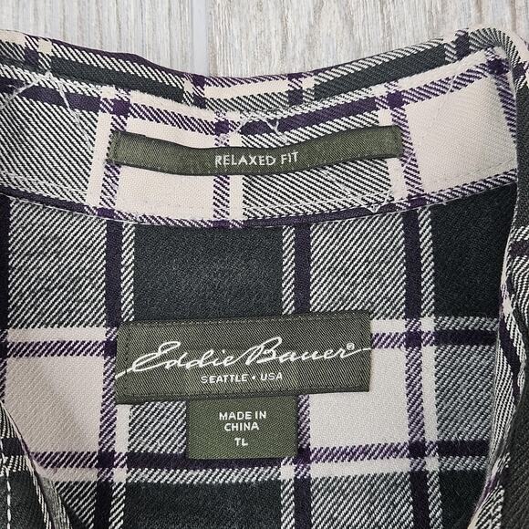 Eddie Bauer Shirt Mens Large Tall Green Gray‎ Plaid Flannel Relaxed Fit Cotton - Picture 4 of 6